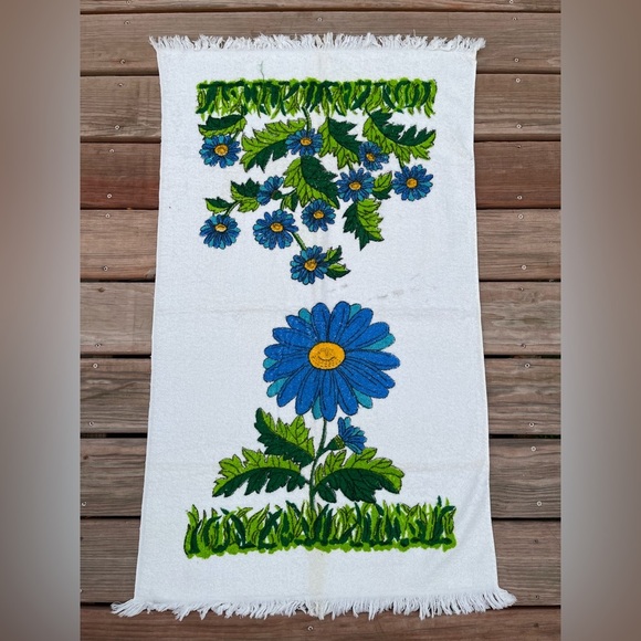 Vintage Cannon Bath Towel Lot 70s Retro Hydrangea Iris Daisy Floral Fringe MCM - Picture 12 of 16